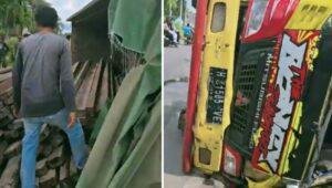 Mobil Truck Pengangkut Kayu Hilang Kendali Tabrak  Pengguna Jalan Di Adisucipto Pontianak