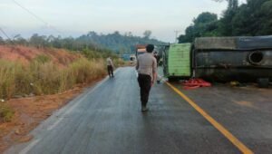 Truk CPO Terguling di Jalan Trans Kalimantan Tayan Hilir